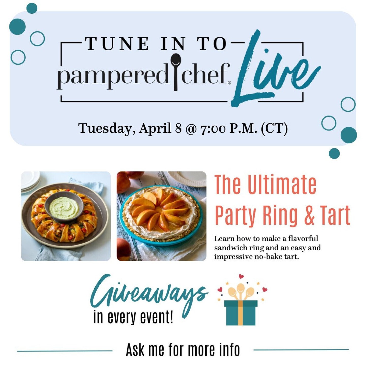 🥪🍑 FOODIE FUN ALERT! 🍑🥪

Join us TONIGHT for Pampered Chef Live and learn how to make a flavor-packed sandwich ring AND an easy, no-bake tart—because who doesn’t love an impressive dish with minimal effort? 😍

On the menu:

🥑 California Chicken Club Ring – the ultimate crowd-pleaser!

🍑 No-Bake Peach Tart – sweet, simple, and oh-so-delicious!

PLUS, we’ve got money-saving tips 💰 and a GIVEAWAY! 🎉

Drop a 🥪 or 🍑 in the comments or DM me to join the fun! 🎊 #PamperedChefLive #EasyAndImpressive #NoBakeDessert