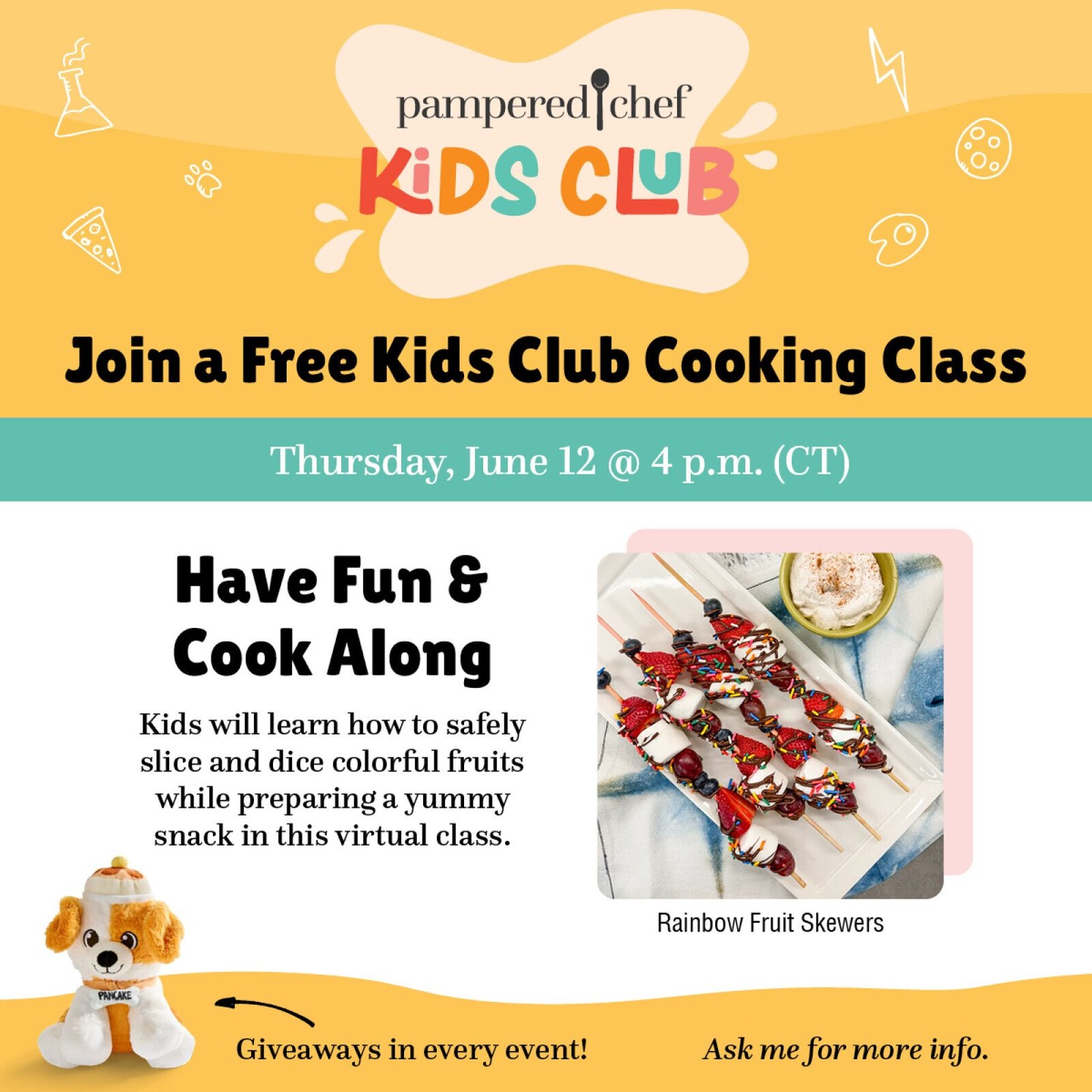 The first Pampered Chef Kids Club Cooking Class is June 12 and it’s FREE! Join this fun, 30-minute, virtual event. Each class features: 

Kid-friendly recipes using common ingredients found in most kitchens 
Real culinary skills like measuring, mixing and kitchen safety 
Pampered Chef’s passionate Culinary Team and Consultant partners 
Content for all ages — with parent supervision recommended for kids under 12
Comment below if you want to join!
