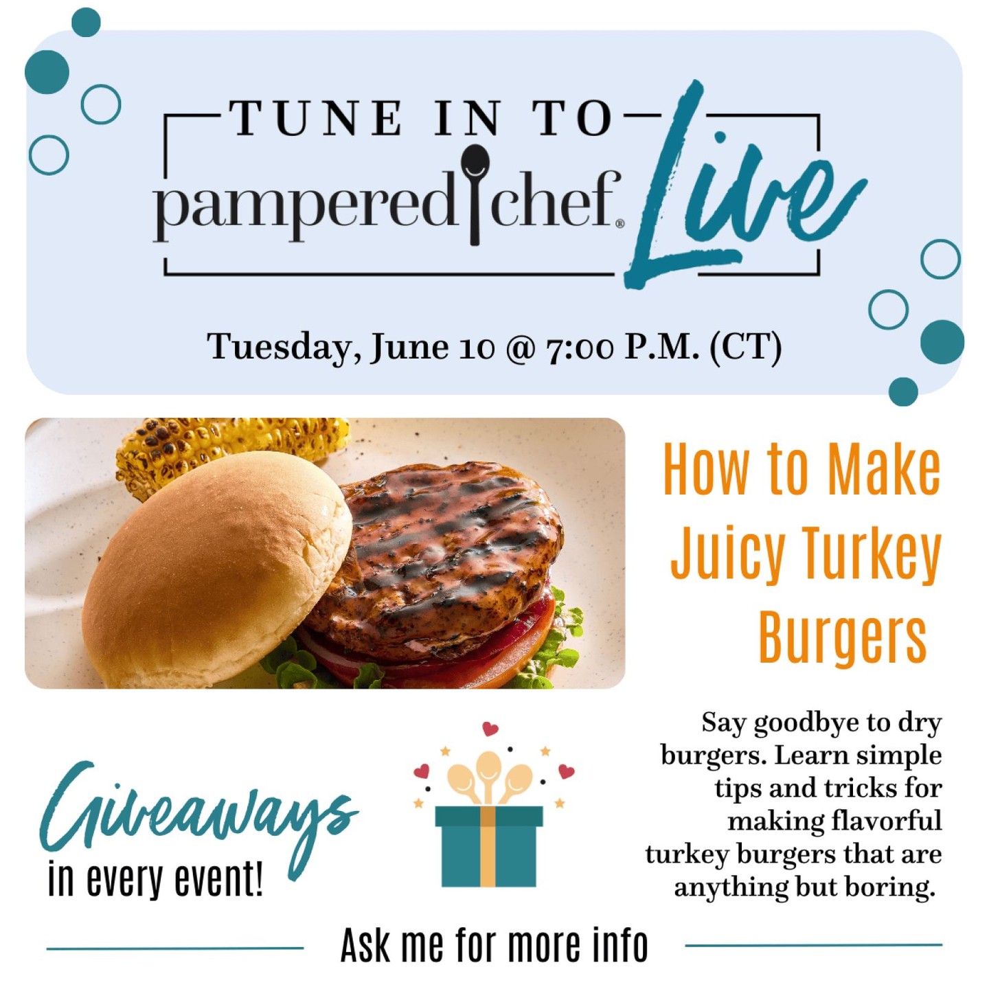 Summer meals should be easy to make and full of flavor—and this week, we’re serving up Juicy Turkey Burgers that are packed with bold flavor, simple to prep, and perfect for any summer gathering. Whether you're hosting a backyard barbecue or keeping dinner low-key, these burgers bring big taste without the stress.

Fresh ingredients, time-saving tools, and recipes the whole family will love—that’s what summer cooking should be.
https://www.pamperedchef.com/pws/brendahaywood/live-events?utm_medium=social_kitchen&utm_source=instagram&utm_campaign=sk_live-events

#PamperedChefLive #CelebrateSummer #WeeknightGrilling #EasyEntertaining #LetsGetCooking