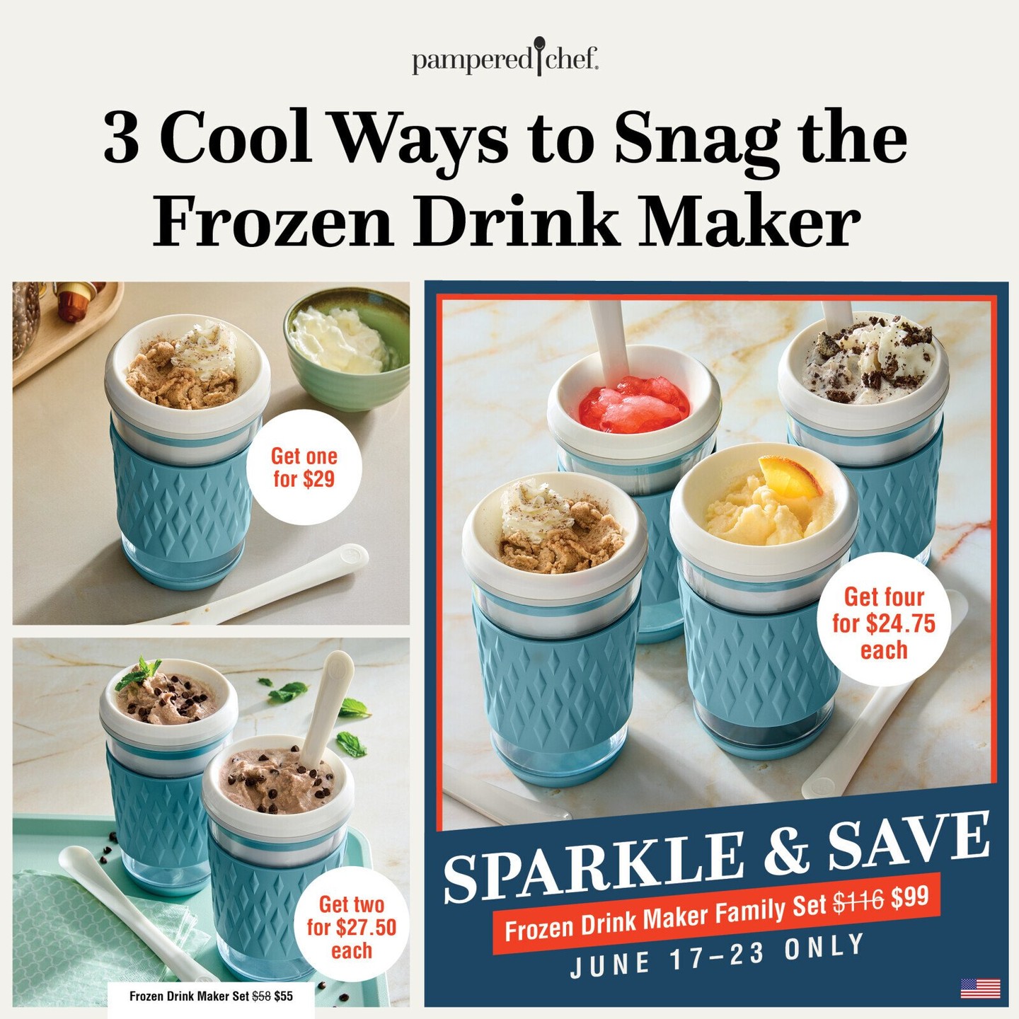 When the BBQ’s smokin’ and the temps are rising, it’s time to chill out with some D.I.Y frozen fun!

Pampered Chef’s Frozen Drink Maker Set is on sale for only $99 US and $140 CA right now. This cool tool makes it super simple to whip up icy treats the whole crew will love — no fancy equipment or hours of prep required.

Grab yours now and chill like a pro! 

#PamperedChef ##FrozenTreats #SummerVibes #LetsGetCooking  https://www.pamperedchef.com/pws/brendahaywood/?utm_medium=social_kitchen&utm_source=instagram&utm_campaign=sk_june-offers