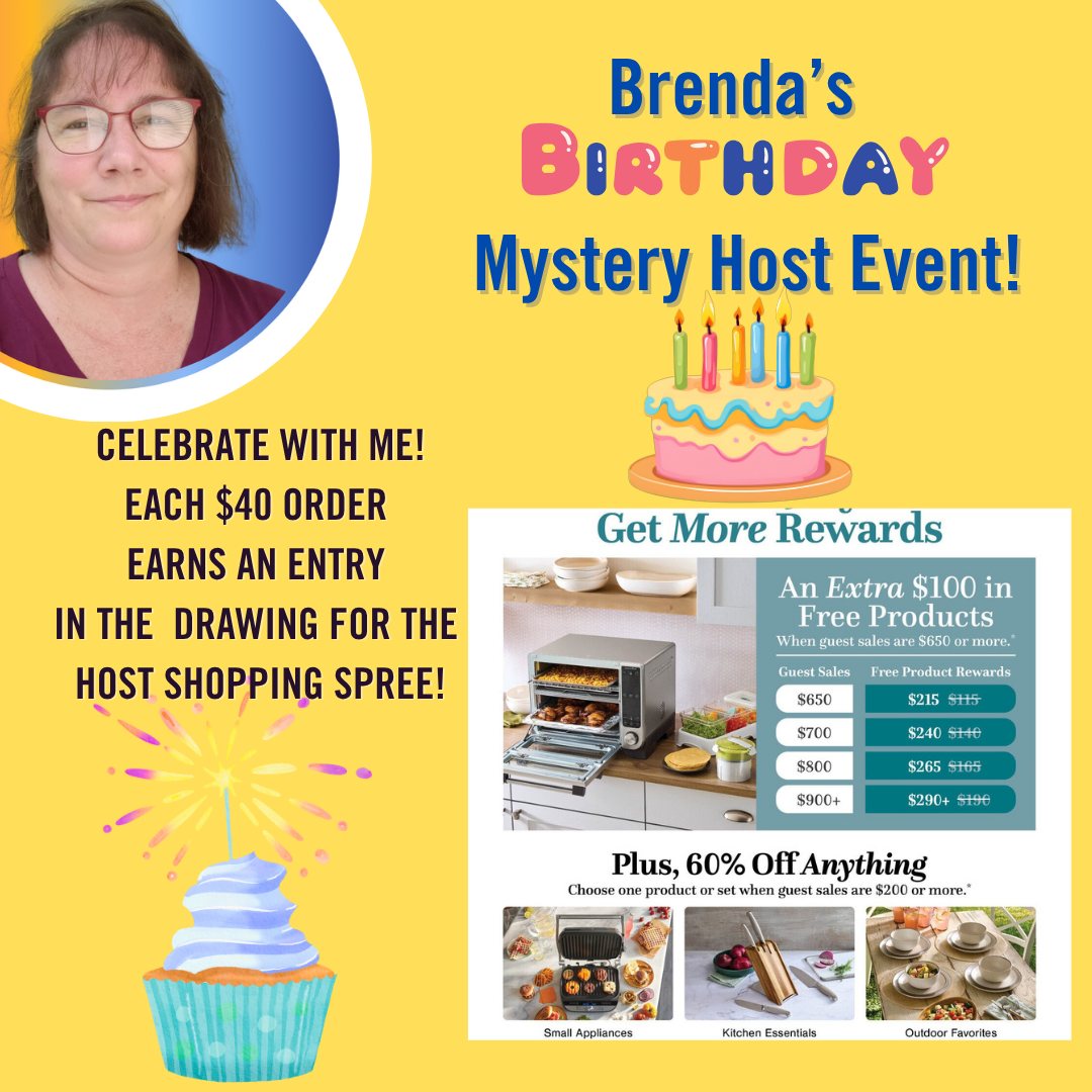 🥳10 days to play! July is my birthday month!🧁🎂
 I am super excited to celebrate with a 🎭mystery host event! I AM GIVING AWAY ALL THE HOST BENEFITS TO ONE PERSON! There will be an additional $100  FREE AS SOON AS WE HIT $650 IN SALES! HOW DO YOU GET IN?

All you need to do is to get in on the fun is use the special link, place an order of 40+ dollars! Increase your chances with each $40! Book a July or August virtual event and get 25 chances🎟! I’ll pick a winner on July 31st! Must use THIS LINK. brenda-haywood.com/links and then choose the Mystery Host event button.