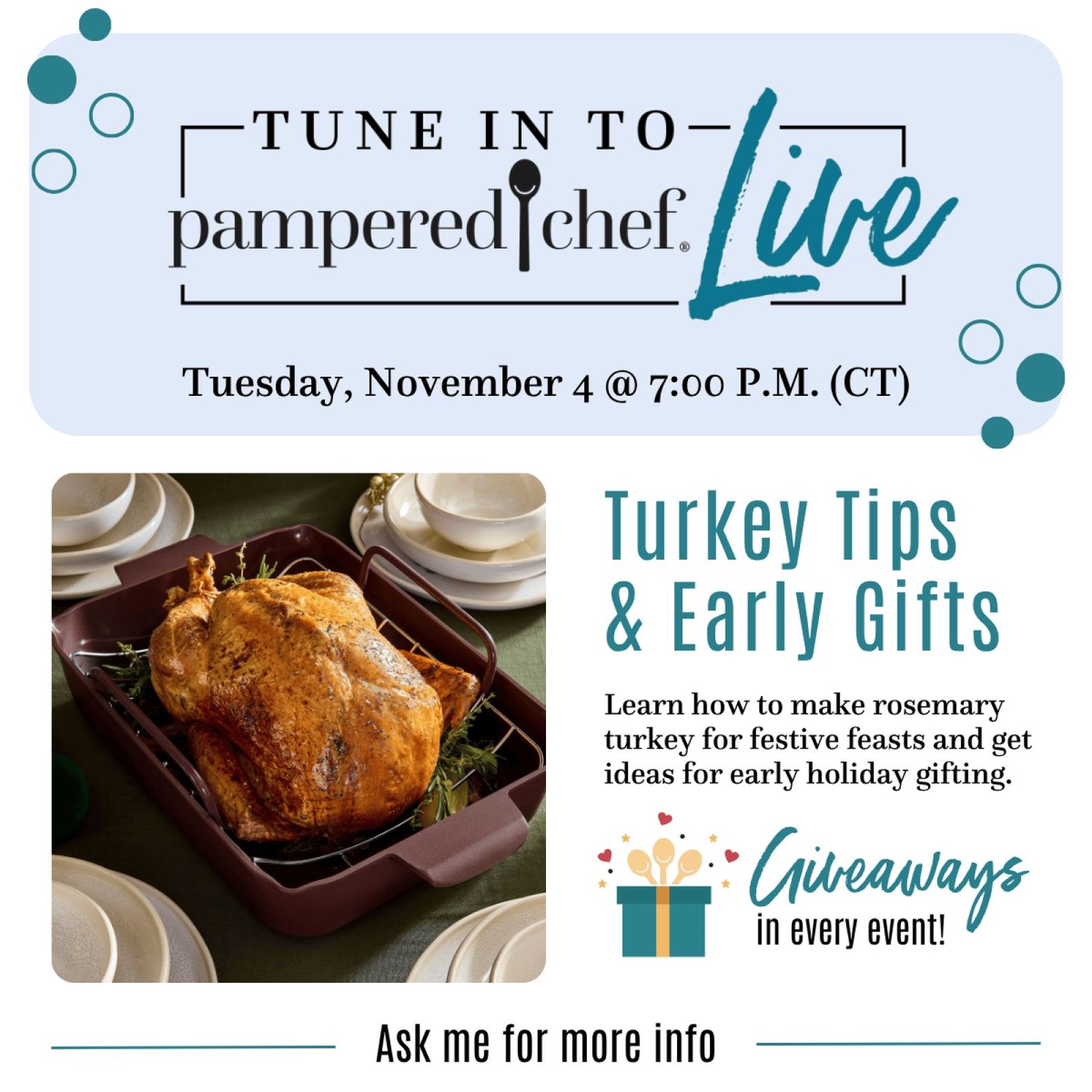🎁 Early Gifting Ideas + Turkey Tips! Tune in Nov. 4 for festive inspiration and a show-stopping turkey recipe.
 💬 Drop a 🦃 if you need the link to register.