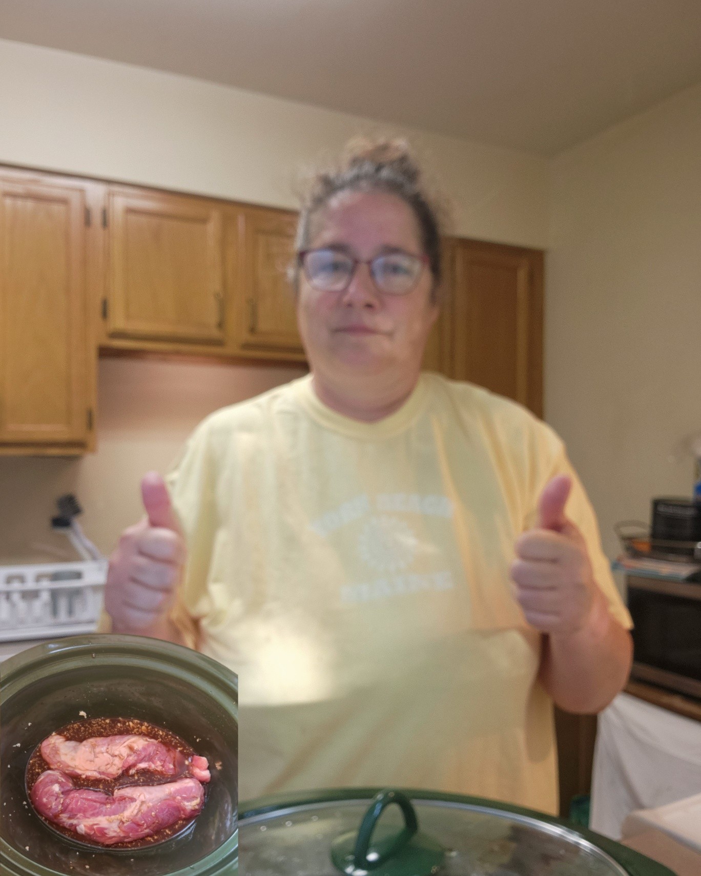 Having dinner prepped and cooking before I walk out the door for the day is a rare occasion.  Today, I am giving myself two thumbs up!  Crockpot Teriyaki Pork Tenderloin for the win!  I will add some pineapple chunks, and cook up some instant rice, and a steamed veggie when I get home.

Would you like the recipe that inspired me?  Give me a thumbs up, below!